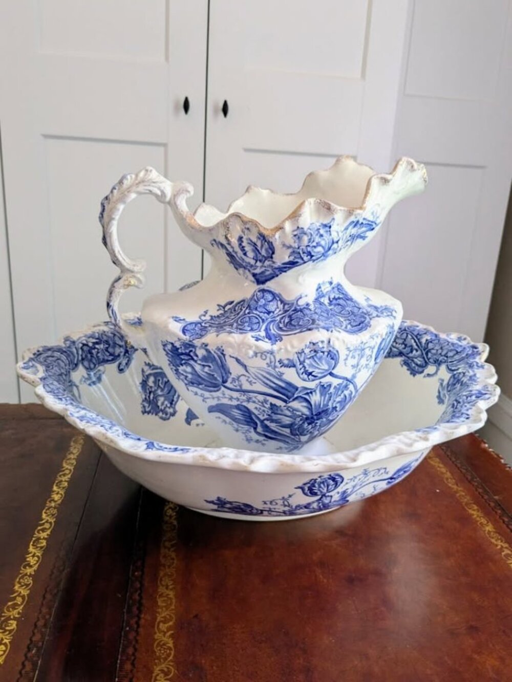 Antique English Soho Pottery Wash Pitcher & Basin
